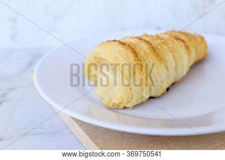 Horn Pastry Cake With Vla Or Vanilla Custard Filling. Homemade Cumcum Cake Filled With Cream