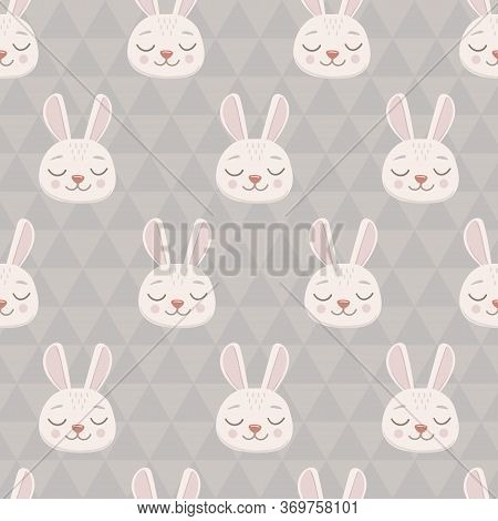 Seamless Pattern With Grey Bunny Head Face With Closed Eyes. Cute Cartoon Funny Character On A Trian