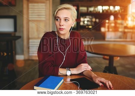 Caucasian Millennial Female Teenager Using Tablet In Coffee Shop