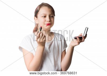 Portrait Of A Girl Isolated On White. Uses Lipstick Sloppily.