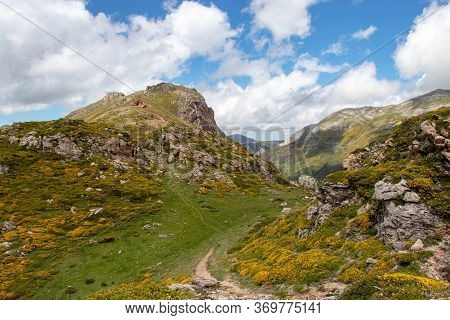 Spring Blooming Landscape In The Somiedo National Park, Spain, Asturias. Popular Hiking Destination.