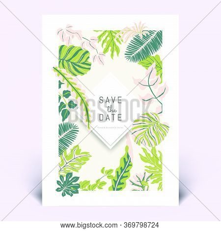 Colorful Botanical Invitation Card Template Design, Hand Drawn Tropical Plants In Light Green, Dark 