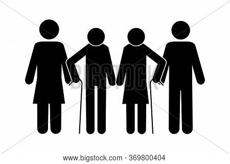Silhouette Of Old People With Older Children. Pensioners With A Cane Next To Their Son And Daughter.