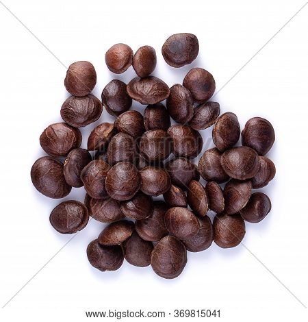 Legumes Of Sacha Inchi Or Inca Peanut. Dried Sacha Inchi Nuts Isolated Over White Background