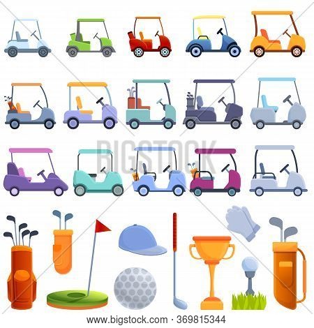 Golf Cart Icons Set. Cartoon Set Of Golf Cart Vector Icons For Web Design