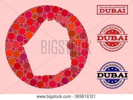 Vector Map Of Dubai Emirate Collage Of Circle Elements And Red Grunge Seal Stamp. Subtraction Circle