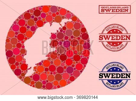 Vector Map Of Gotland Island Collage Of Round Blots And Red Grunge Seal Stamp. Hole Round Map Of Got