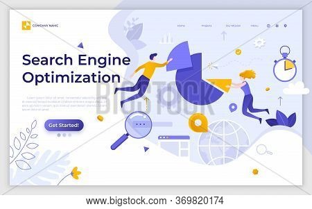 Landing Page Template With Seo Managers Floating Around Pie Chart. Search Engine Optimization, Inter