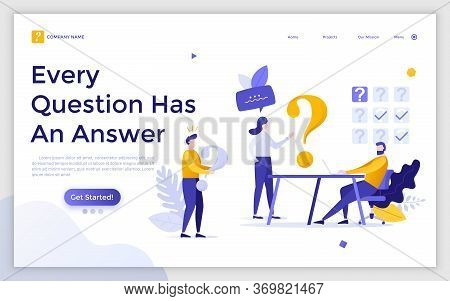 Landing Page Template With Group Of People And Interrogation Points. Concept Of Answers To Questions