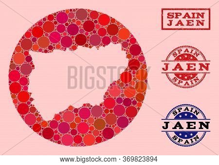 Vector Map Of Jaen Spanish Province Collage Of Round Dots And Red Rubber Seal. Hole Round Map Of Jae