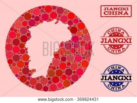 Vector Map Of Jiangxi Province Collage Of Round Elements And Red Grunge Stamp. Subtraction Round Map