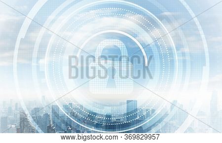 Global Cybersecurity Mixed Media With Virtual Locking Padlock On Cityscape Background. Data Cryptogr