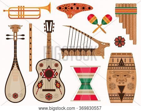 Aztec And Mexican Ethnic Musical Instruments Set