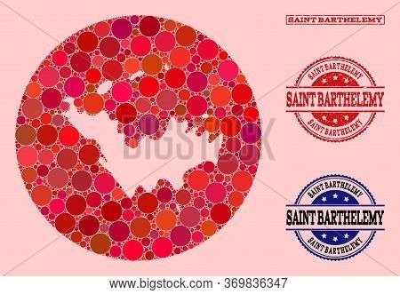Vector Map Of Saint Barthelemy Mosaic Of Round Blots And Red Grunge Stamp. Hole Round Map Of Saint B