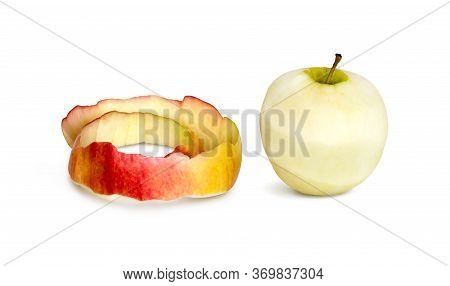 Peeled Red Apple With Peel On A White Background