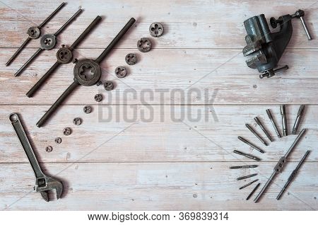 Old Equipment For Manual Cutting Of External And Internal Threads. Locksmith Vises, Dies And Taps Of