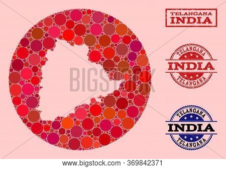 Vector Map Of Telangana State Collage Of Spheric Dots And Red Scratched Stamp. Stencil Round Map Of 
