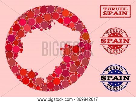 Vector Map Of Teruel Province Collage Of Circle Dots And Red Grunge Seal Stamp. Stencil Round Map Of