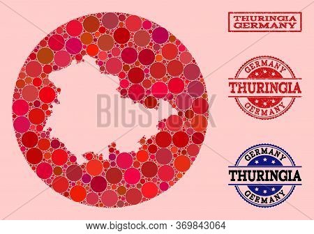 Vector Map Of Thuringia State Mosaic Of Circle Dots And Red Rubber Stamp. Stencil Circle Map Of Thur
