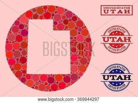 Vector Map Of Utah State Collage Of Round Items And Red Grunge Stamp. Subtraction Round Map Of Utah 