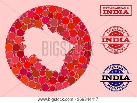 Vector Map Of Uttarakhand State Collage Of Circle Elements And Red Watermark Stamp. Stencil Circle M