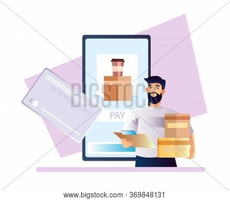 Online Delivery Concept With Young Male Character, Smartphone Screen, Boxes, Payment Cards. Illustra