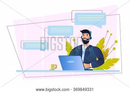 Customer Support Banner With Smiling Male Character, Leaves, Laptop, Abstract Messages. Online Consu