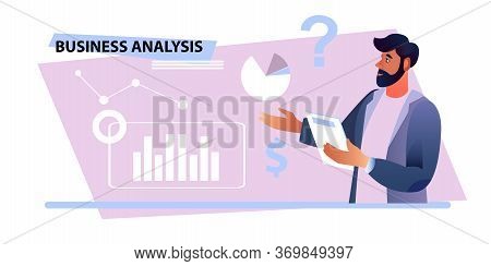 Online Business Consultation Concept With Young Male Professional, Diagrams And Gears. Smiling Finan