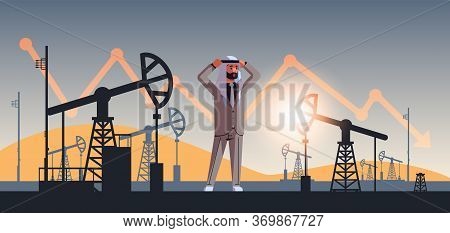 Arabic Businessman Frustrated About Downward Chart Arrow Falling Price Decrease Of Petroleum Costs C