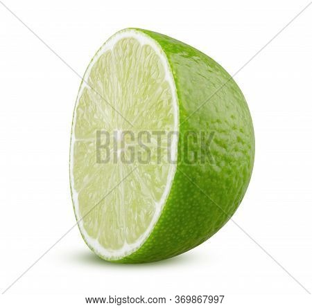 Half Of Lime Isolated. Lime Half Cut Closeup On White Background. Green Citrus Retouched Closeup. Le