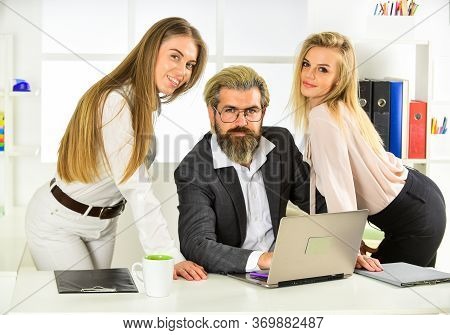 They Love Their Boss. Surrounded By Beautiful Ladies. Flirting With Boss. Man And Women Business Col