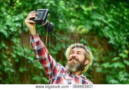 Man Photographer Do Shooting Session. Selfie Time. Shooting Day Hobby. Hobby And Leisure. Mature Ski