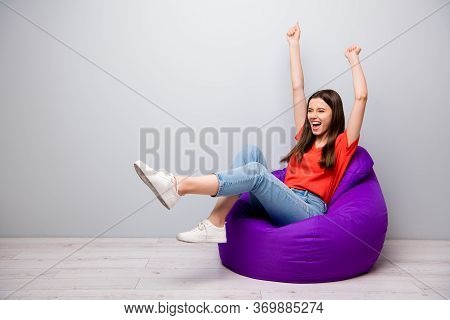 Portrait Of Her She Nice Attractive Lovely Glad Satisfied Cheerful Cheery Girl Sitting In Bag Chair 