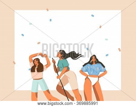 Hand Drawn Vector Abstract Stock Graphic Illustration With Young Smiling Happy Females Group Have Ev