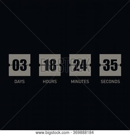Flip Countdown Clock Counter Timer On Black Background. Flip Board With Scoreboard Of Day, Hour, Min