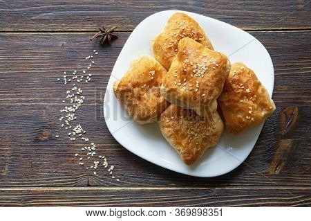 Mantije ( Manti ) -  Filled Pastry,  Popular National Dish In Balkan Cuisine.  Flat Lay, Copy Space