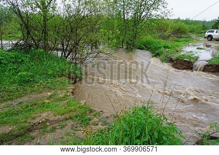 Destroyed Bridge After Flooding In A Village In The Forest