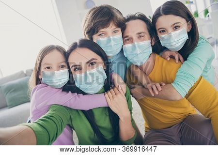 Self-portrait Of Nice Attractive Lovely Careful Healthy Family Pre-teen Kids Mom Dad Embracing Havin
