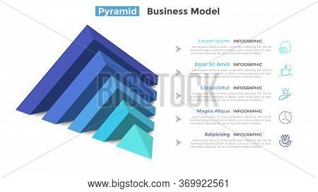 Half Of Pyramid Lying On Side Split Into 5 Parts Or Layers And Place For Text. Concept Of Five Featu