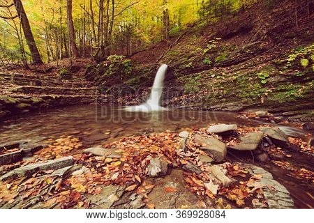Autumn Mountain Waterfall Stream In The Rocks With Colorful Red Fallen Dry Leaves, Natural Seasonal 