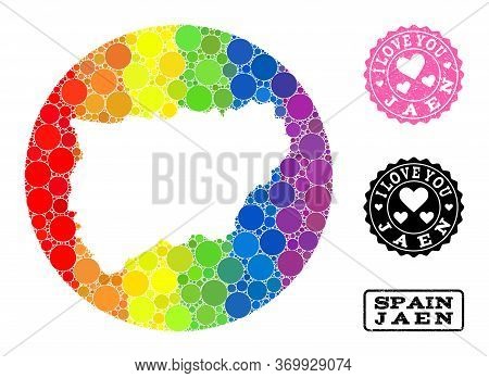 Vector Mosaic Lgbt Map Of Jaen Spanish Province Of Circle Blots, And Love Scratched Seal. Subtractio