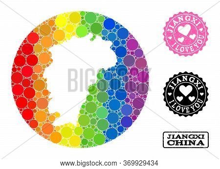Vector Mosaic Lgbt Map Of Jiangxi Province With Circle Dots, And Love Watermark Stamp. Hole Circle M