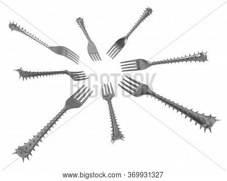 Fork Handle Covered In Sharp Spikes, Eight In Circle, Metaphor 3d Illustration, Horizontal, Isolated