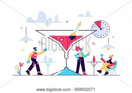 Happy Hour Vector Illustration. Flat Tiny Cheap Alcohol Time Persons Concept. Get Second Drink For F