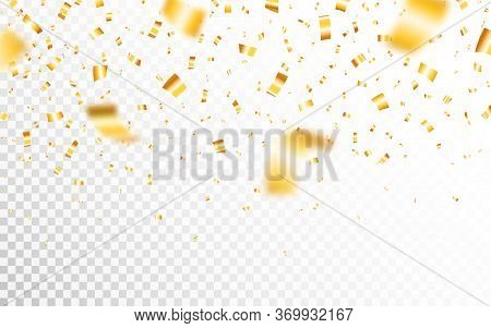Gold Confetti Isolated On Transparent Backdrop. Defocused Falling Golden Confetti. Bright Festive Ti
