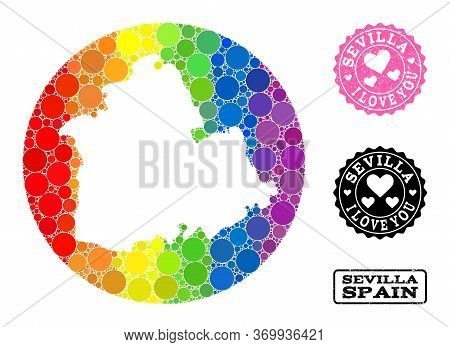 Vector Mosaic Lgbt Map Of Sevilla Province Of Spheric Elements, And Love Rubber Stamp. Subtraction R