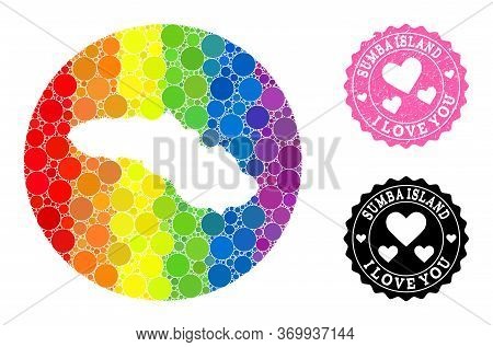Vector Mosaic Lgbt Map Of Sumba Island From Spheric Spots, And Love Rubber Seal. Stencil Round Map O