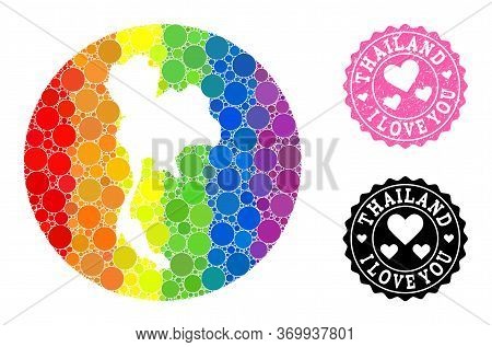 Vector Mosaic Lgbt Map Of Thailand Of Circle Elements, And Love Scratched Seal Stamp. Hole Circle Ma