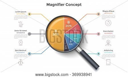 Magnifying Glass With Round Pie Chart Divided Into 6 Colorful Sectors. Concept Of Six Parts Of Busin