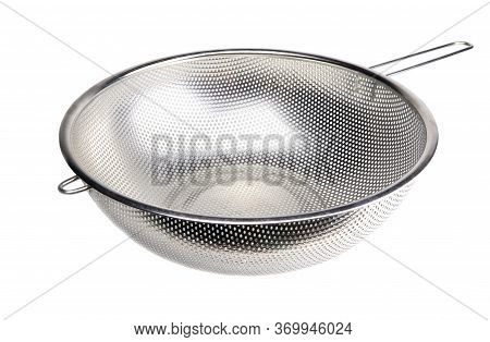 A Metal Colander Isolated On A White Background. A Strainer Isolated. A Sieve